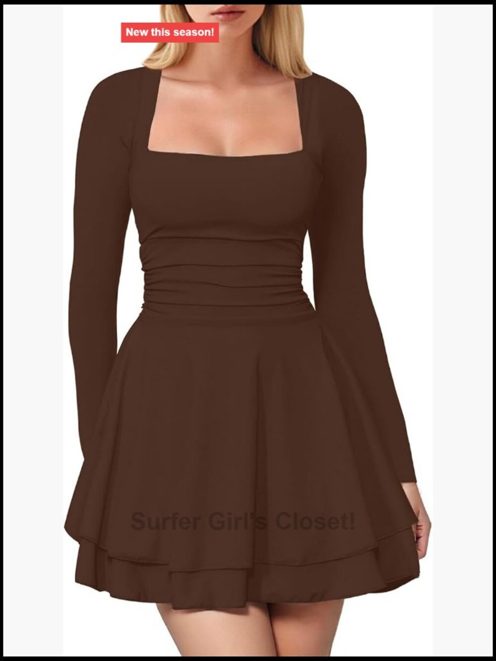 Women's Bodycon Mini Dress Square Neck Long Sleeve Ruched Ruffle Hem Party Club